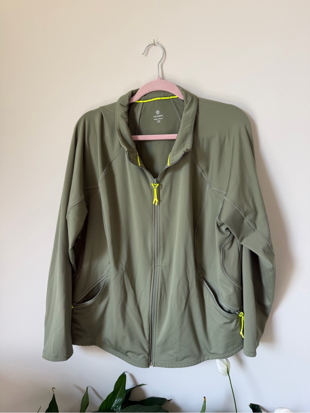 T by Talbots Olive Green Performance Jacket with Neon Yellow Accents, 2X